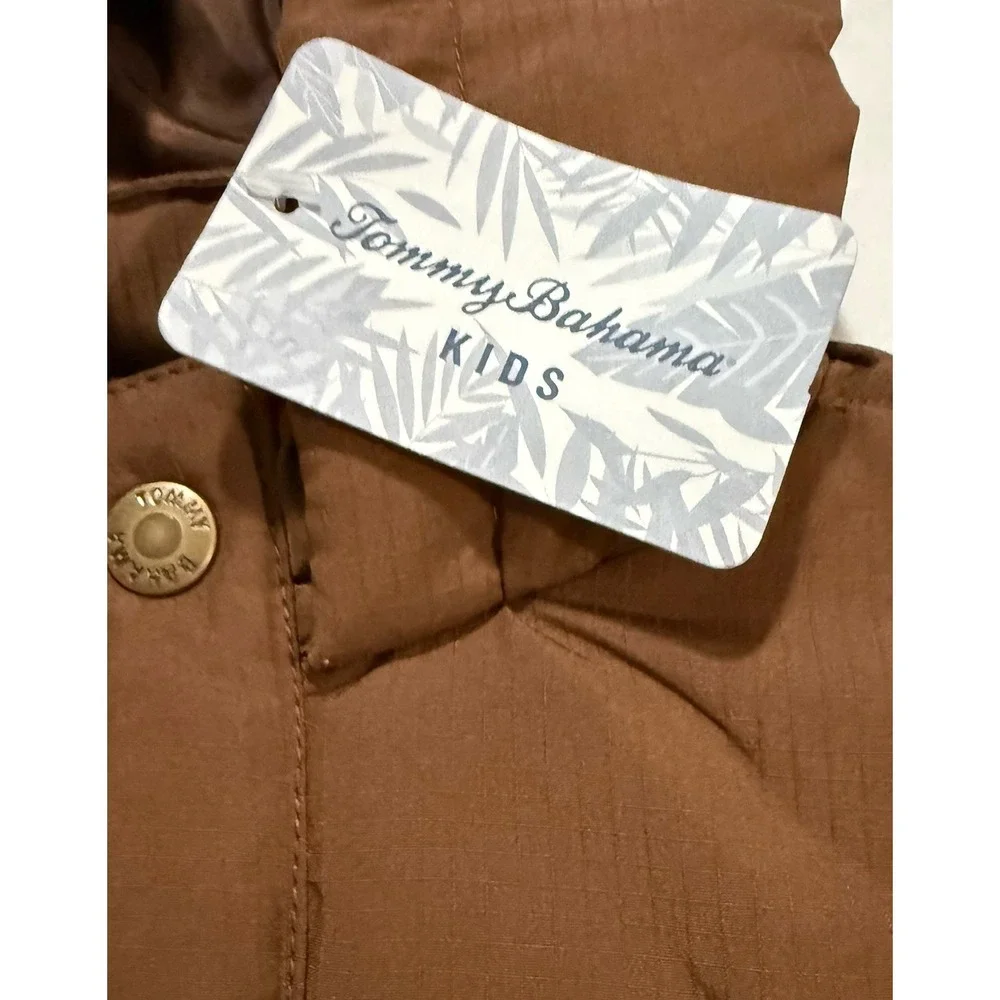 Tommy Bahama Kids Vest Boys S (5/6) Hooded Puffer Snap Buttons Brown Tan
